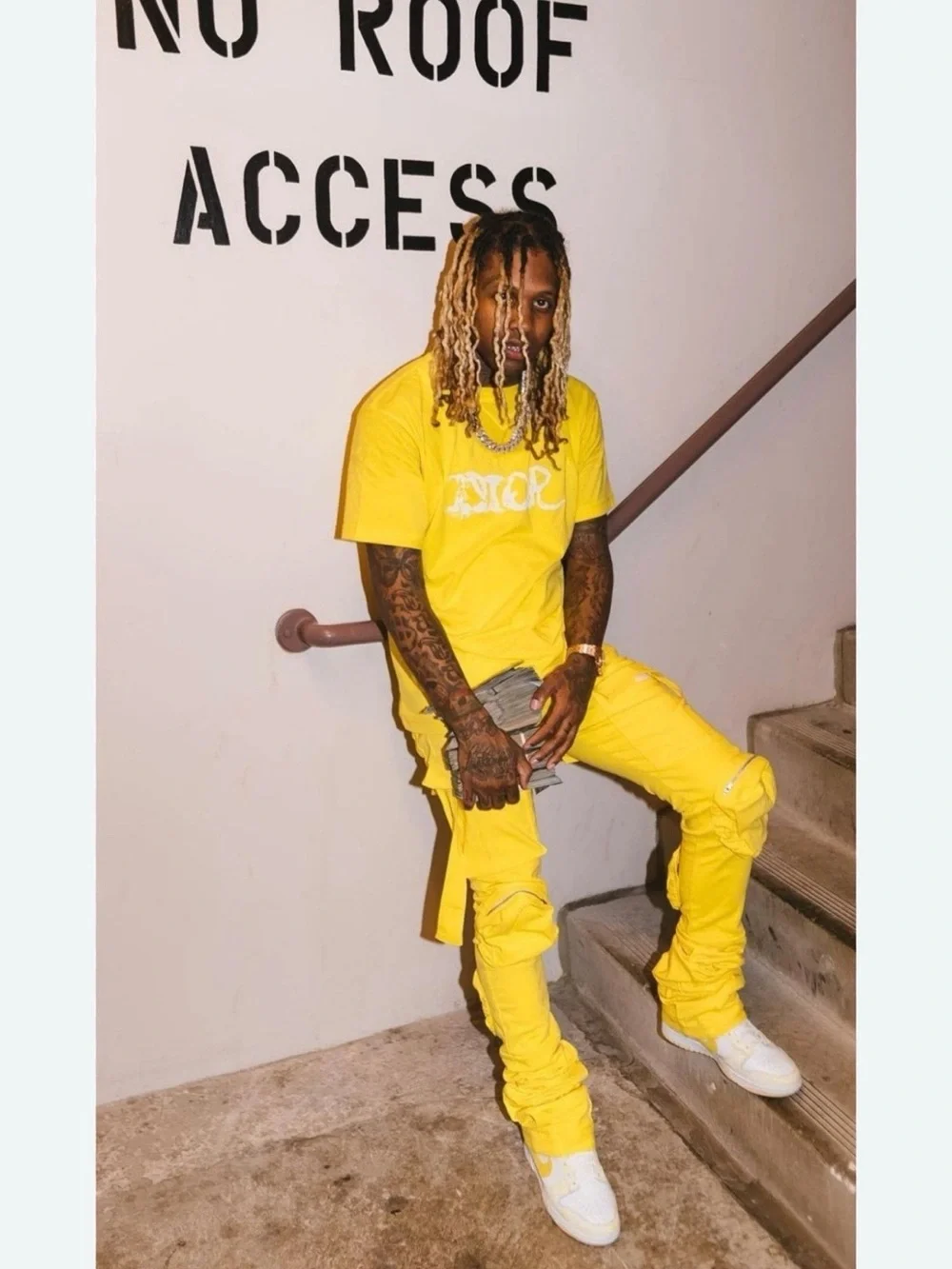 Cliche Jeanius Studios Yellow Cargo Pants Mens 30 Lil Durk Stacked Denim Jeans
